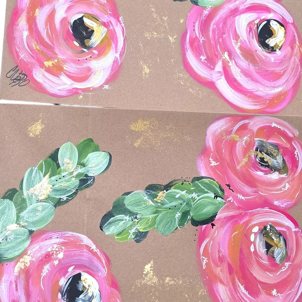Set Of Three Gift Bags Hand Painted Hand Crafted Pink Floral C64